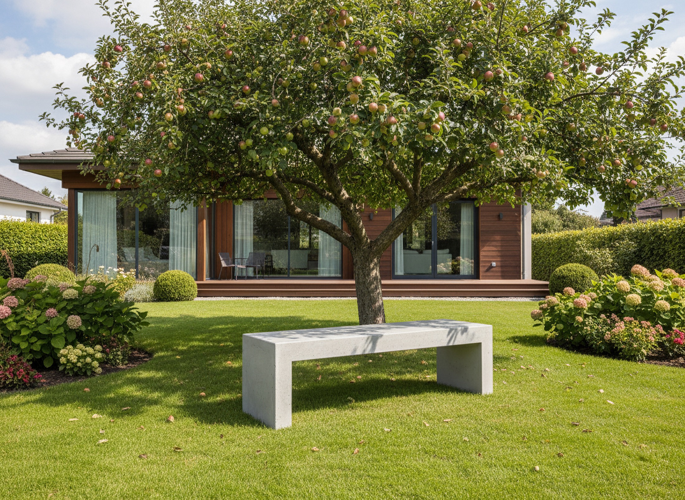 Betonbank in einem Garten vor einem Wohnhaus