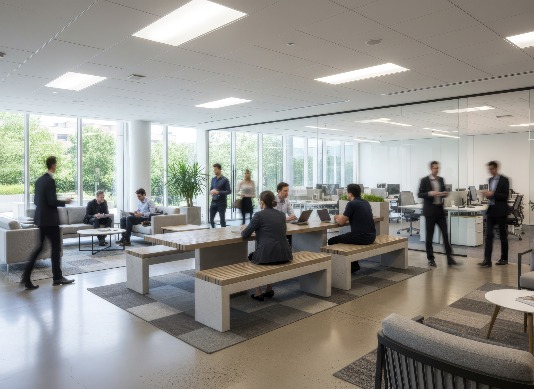 Moderner Bürobereich mit Betonmöbeln und Besprechungssituation
